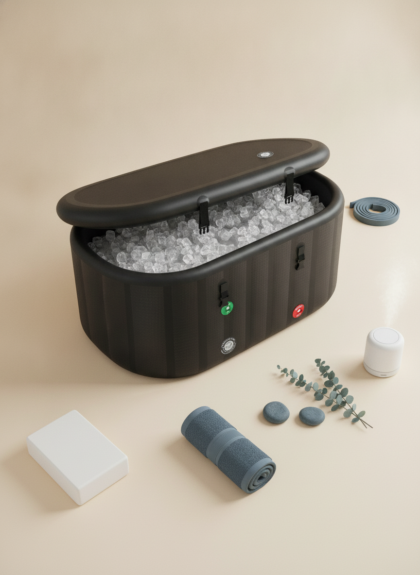 XXL Boreal Cold Plunge Tub with insulated walls, shown in a luxurious flat-lay on a warm cream background.