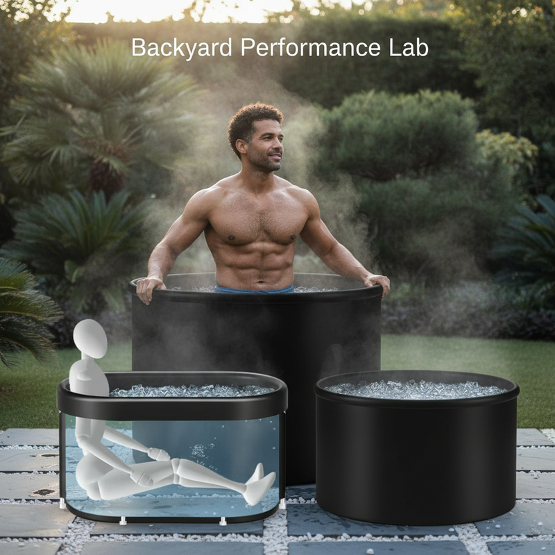 A diverse man exits an XXL Boreal Cold Plunge Tub in a lush backyard at dawn, steam rising. He looks invigorated.