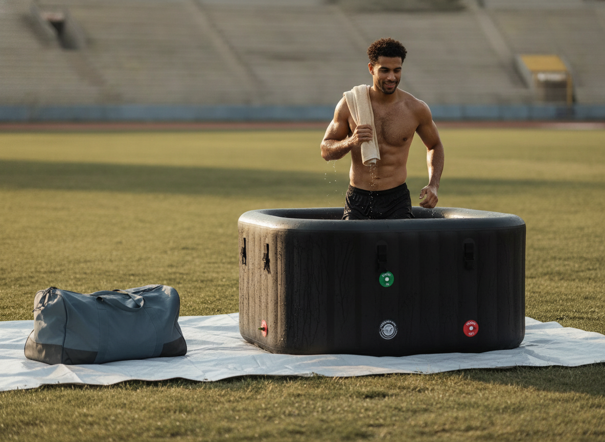 Male athlete stepping out of an XXL Boreal Cold Plunge Tub outdoors, looking refreshed. A duffel bag and deflated tub are in 