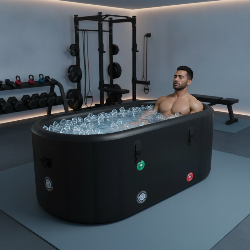 A diverse male athlete is fully immersed in a Boreal Cold Plunge Tub, XXL, in a modern garage gym setup.