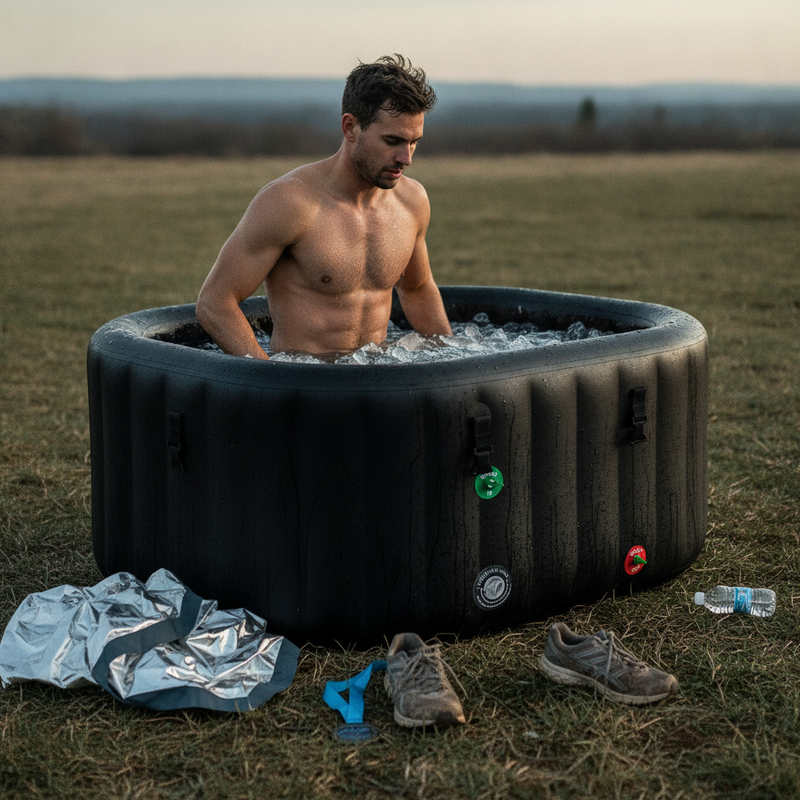 A male athlete is fully immersed in an XXL Boreal Cold Plunge Tub in a rugged field, recovering after a race.